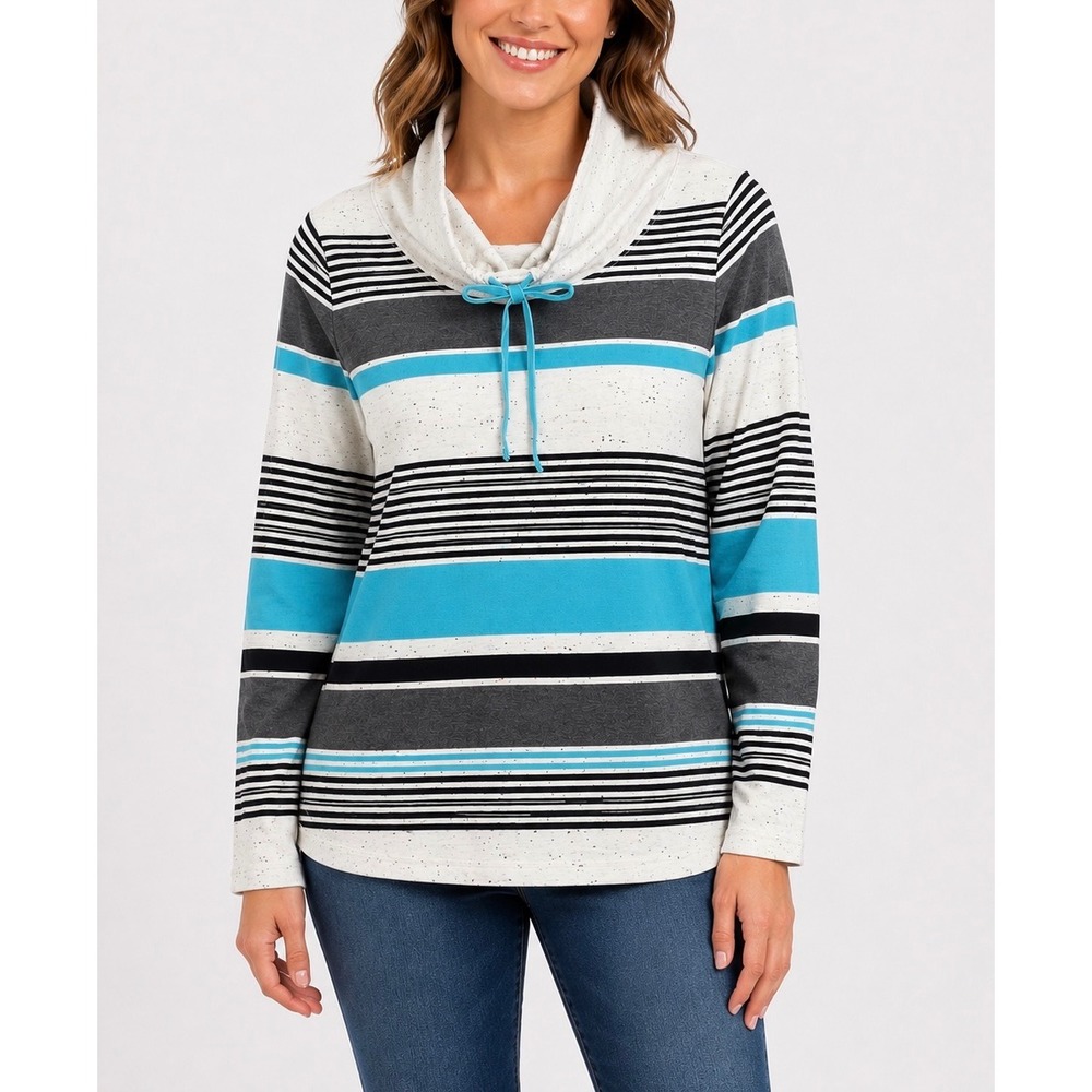 T by Talbots Pullover Women XS White Blue Striped Cowl Neck Athleisure Top